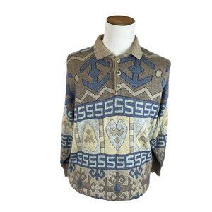 Örsün Mens Beige Blue Lambswool Sweater Collared Aztec Pattern Long Sleeve